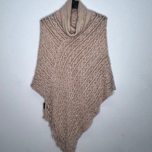 Women's Top Turtleneck Fringed Knitted Lightweight Sweater Poncho Beige